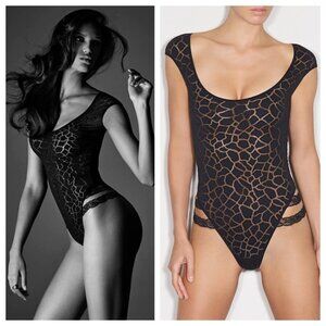 Andres Sarda Hirst Sheer Giraffe Print Black Scoop Neck Lace Bodysuit